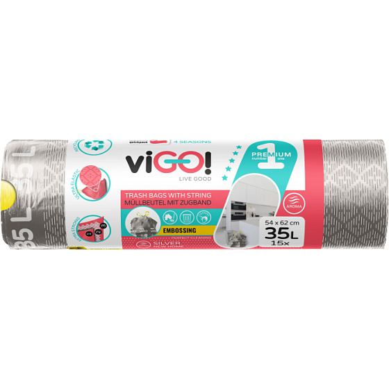 viGO! Premium worki na odpady wyciągane, 26 µ, 54 × 62 cm, 35 l, 15 sztuk