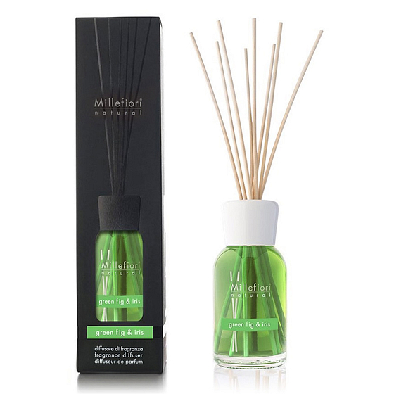 Millefiori Milano Natural Green Fig & Iris - Zelený fík a Kosatec Difuzér 500 ml + 12 stébel v délce 35 cm do velkých prostor Náplň vydrží 6-7 měsíců