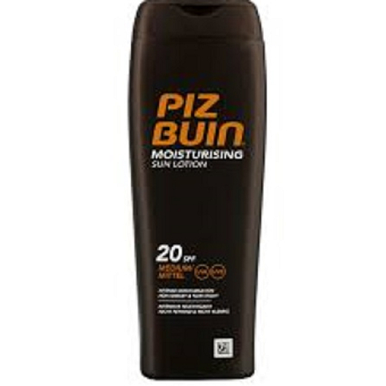 Piz Buin In Sun Moisturing SPF20 mléko na opalování hydratační, lehké, předchází předčasnému stárnutí způsobenému slunečním zářením, voděodolné 200 ml