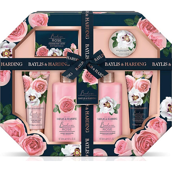 Baylis & Harding Čerstvé růže sprchový gel 300 ml + pěna do koupele 300 ml + tělové mléko 130 ml + mycí gel 130 ml + toaletní mýdlo 100 g + koupelové krystalky 100 g + žínka, kosmetická sada