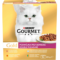 Purina Gourmet Gold dla kotów, wołowina z kurczakiem, królik z wątróbką, ryba ze szpinakiem, kaczka z indykiem, 8x85 g