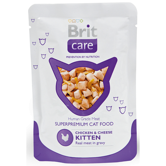 Brit Care Kuře + sýr kousky masa pro koťata kapsička 80g