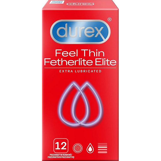 Durex Feel Thin Fetherlite Elite Extra Lubricated kondom, nominalna szerokość 56 mm 12 sztuk