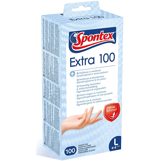 Spontex Extra 100 Rukavice jednorázové, hypoalergenní, bez pudru, vinylové, velikost L, box 100 kusů