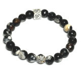 Achat czarno-biały koronkowy fasetowany z królewską mantrą Om bransoletka elastyczna naturalny kamień, kuleczka 8 mm / 16 - 17 cm, przynosi do życia spokój