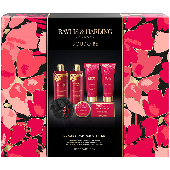 Baylis & Harding Třešňový květ sprchový gel 300 ml + sprchový krém 130 ml + tělové mléko 130 ml + pěna do koupele 300 ml + toaletní mýdlo 100 g + krystaly do koupele 100 g + koupelová mycí houbička, kosmetická sada pro ženy