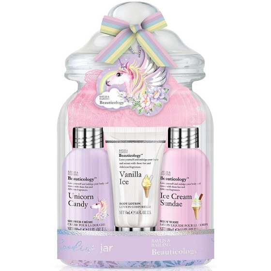 Baylis & Harding Jednorožec šumivý balistik do koupele 140 g + sprchový krém 100 ml + mycí gel 100 ml + tělové mléko 50 ml + žínka, kosmetická sada