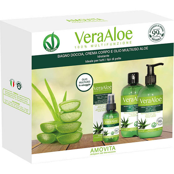 Amovita Vera Aloe tělové mléko 250 ml + sprchový gel 250 ml + tělový olej 100 ml, kosmetická sada