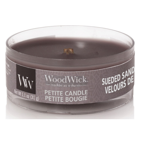 WoodWick Suede & Sandalwood - Semišové santalové dřevo vonná svíčka s dřevěným knotem petite 31 g
