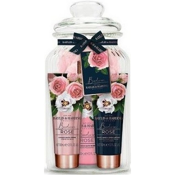 Baylis & Harding Čerstvé růže mycí gel 300 ml + krém do koupele 100 ml + tělové mléko 100 ml + žínka + dóza, kosmetická sada