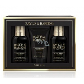 Baylis & Harding Men Černý pepř a Ženšen 2v1 šampon a sprchový gel 100 ml + balzám po holení 100 ml + pleťový mycí gel 50 ml, kosmetická sada pro muže