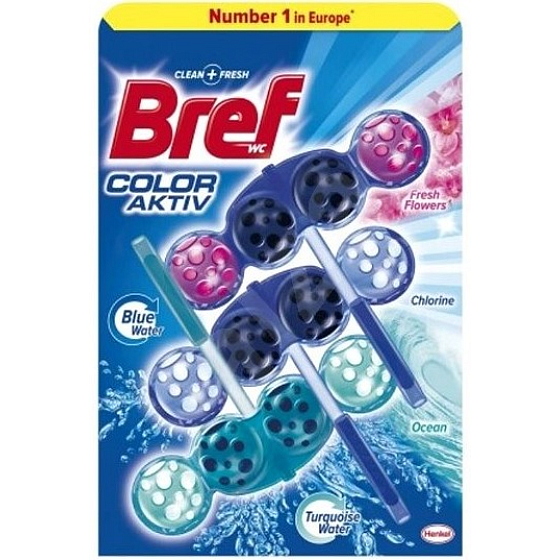 Bref Color Aktiv Chlorine, Ocean, Fresh Flowers WC blok pro hygienickou čistotu a svěžest Vaší toalety, zbarvuje vodu 3 x 50 g