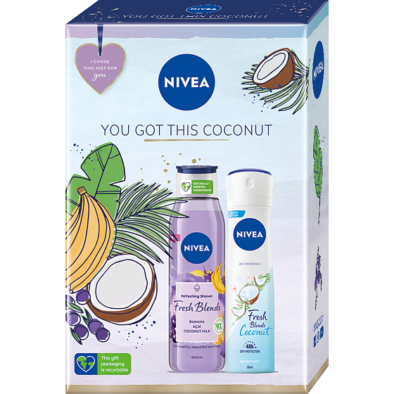 Nivea You Got This Coconut Fresh Blends Banana & Acai sprchový gel 300 ml + Coconut 48h antiperspirant deodorant sprej 150 ml, kosmetická sada pro ženy