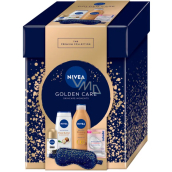 Nivea Złota Pielęgnacja Q10 Ujędrniające brązowe mleczko do ciała 400 ml + Nivea Masło Shea & Olejek Roślinny żel pod prysznic 250 ml + Nivea Inposible Black & White antyperspirant roll-on 50 ml + Labello Hyaluron Rosé balsam do ust 5,2 g + satynowa maska na spanie 1 sztuka, zestaw kosmetyków