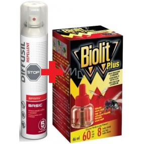 Diffusil Repellent Basic repelent na odpuzování komárů, klíšťat a muchniček sprej 200 ml + Biolit Plus Tekutá náhradní náplň proti komárům a mouchám 60 dní 46 ml Diffusil Repellent Basic repelent na odpuzování komárů, klíšťat a muchniček sprej 200 ml + Biolit Plus Tekutá náhradní náplň proti komárům a mouchám 60 dní 46 ml