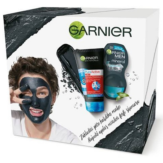 Garnier Skin Naturals Pure Active 3v1 aktivní uhlí proti černým tečkám 150 ml + Men Pure Active kuličkový antiperspirant deodorant roll-on pro muže 50 ml, kosmetická sada