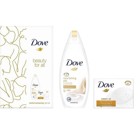 Dove Beauty For All Nourishing Silk sprchový gel 250 ml + Cream Oil Moroccan Argan Oil toaletní mýdlo 100 g, kosmetická sada