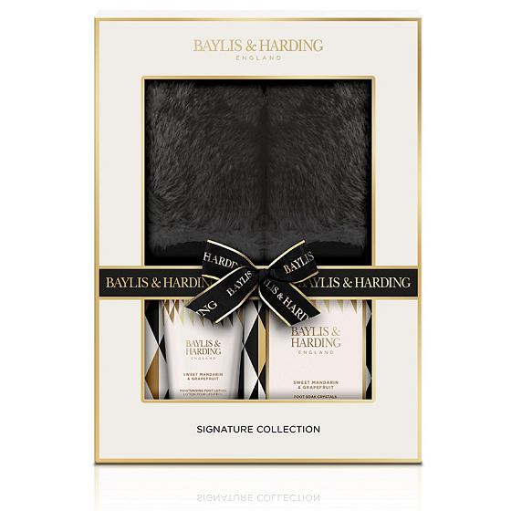 Baylis & Harding Mandarynka i Grejpfrut krem do stóp 140 ml + sól do kąpieli do stóp 100 g + klapki z imitacji skóry, zestaw kosmetyczny dla kobiet