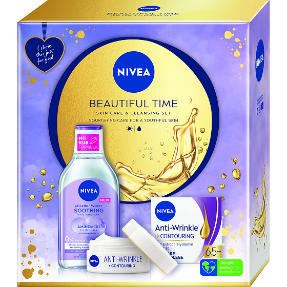 Nivea Beautiful Time Soothing Aminoacid Complex zklidňující micelární voda 400 ml + Anti Wrinkle 65+ denní krém 50 ml, kosmetická sada pro ženy