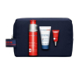 Clarins Men Energizing Essentials energetyzujący żel 50 ml + oczyszczający żel 30 ml + energetyzujący żel-krem pod oczy przeciw oznakom zmęczenia 3 ml + kosmetyczna torba, zestaw kosmetyczny dla mężczyzn