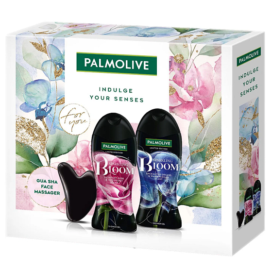 Palmolive Sparkling Bloom Midnight Rose & Iced Peony żel pod prysznic 250 ml + Enchanted Orchid & Warm Vanilla żel pod prysznic 250 ml + masażer Gua sha do twarzy, zestaw kosmetyczny dla kobiet