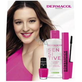 Dermacol Bombastick Panoramic Volume tusz do rzęs 12,5 ml + neonowy lak do paznokci 42 Neon Barbie Doll 5 ml + Sensitive demakijaż oczu 150 ml, kosmetyczny zestaw dla kobiet