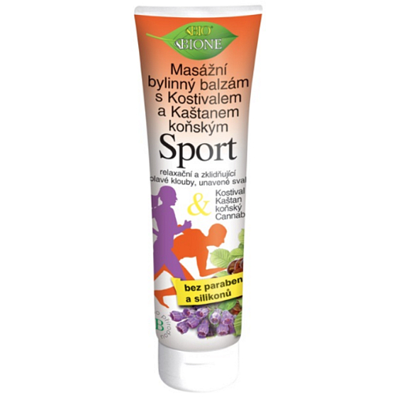 Bione Cosmetics Sport masážní bylinný balzám 300 ml – tubus s barevným etiketu s bylinkovými motivy
