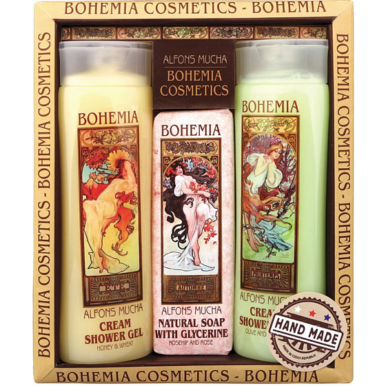 Bohemia Gifts Alfons Mucha Med a obilí krémový sprchový gel 200 ml + toaletní mýdlo s glycerinem s extrakty z listů oliv a citrusu 125 g + oliva a citrusy krémový sprchový gel 200 ml, kosmetická sada