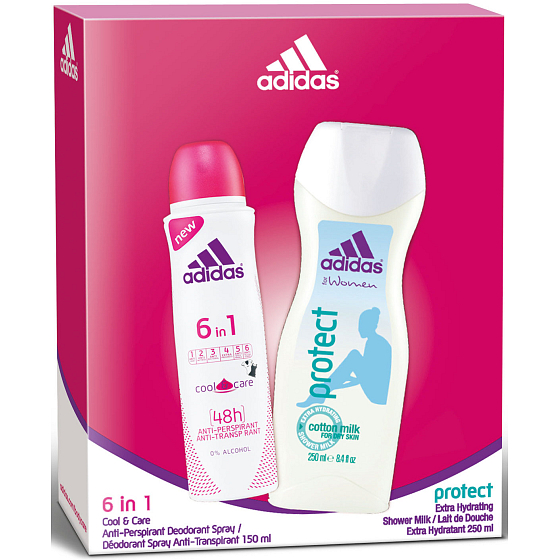 Adidas Cool & Care 48h 6v1 antiperspitant deodorant sprej pro ženy 150 ml + Protect sprchový gel 250 ml, kosmetická sada