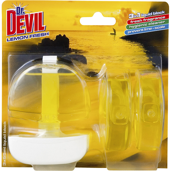 Dr. Devil 3w1 Lemon Fresh płynny blok WC, koszyczek + wkład 3× 55 ml