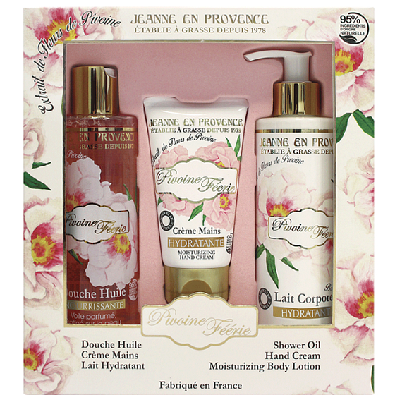 Jeanne en Provence Pivoine Féérie - Pivoňková víla krém na ruce 75 ml + tělové mléko 250 ml + sprchový olej 250 ml, kosmetická sada