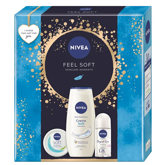 Nivea Feel Soft krem nawilżający do ciała, twarzy i rąk 100 ml + Nivea Original Care kulkowy antyperspirant roll-on 50 ml + Nivea Creme Soft żel pod prysznic 250 ml, zestaw kosmetyczny
