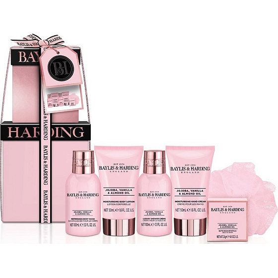 Baylis & Harding Jojoba, Vanilka a Mandlový olej mycí gel 100 ml + sprchový krém 100 ml + tělové mléko 50 ml + krém na ruce 50 ml + krystalky do koupele 25 + žínka, kosmetická sada