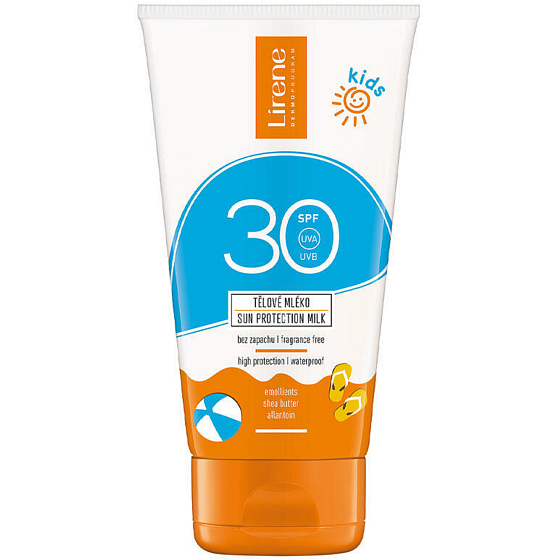 Lirene Sun Kids SPF30 opalovací tělové mléko pro děti, 150 ml, s vysokou ochranou proti slunci.