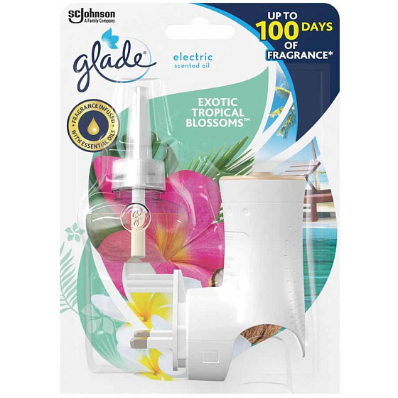Glade Electric Scented Oil Exotic Tropical Blossoms z nutą monoi kwiatów i mleka kokosowego elektrický osvěžovač vzduchu strojek s tekutou náplní 20 ml