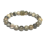 Celestyn, chryzantemowy z królewską mantrą Óm elastyczna bransoletka naturalny kamień, kulka 8 mm / 16 - 17 cm