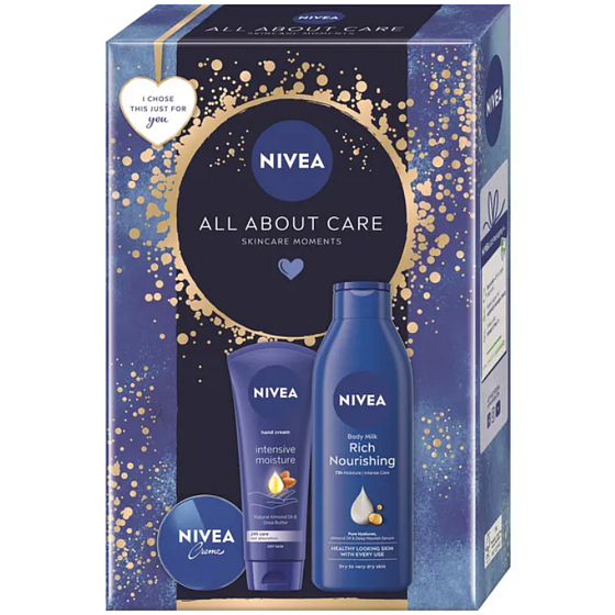 Nivea Wszystko o pielęgnacji Intensywny krem do rąk 75 ml + Nivea Bogate odżywienie mleczko do ciała 250 ml + Nivea Creme krem do podstawowej pielęgnacji 30 ml, zestaw kosmetyków