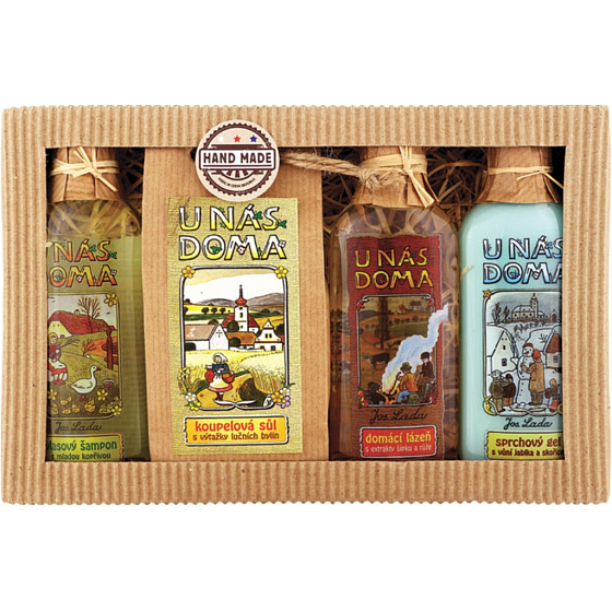 Bohemia Gifts Josef Lada Kopřiva šampon na vlasy 100 ml + s výtažky lučních bylin sůl do koupele 150 g + šípky a růže olejová lázeň 100 ml + jablko a skořice sprchový gel 100 ml, kosmetická sada