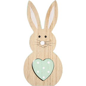 Zając drewniany na postawieniu z mentolowym sercem 16 cm