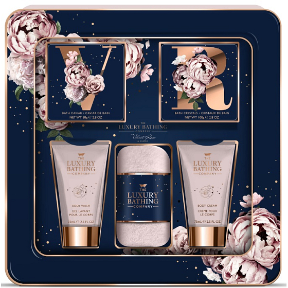 Grace Cole Velvet Rose & Peony mycí gel 75 ml + tělový krém 75 ml + krystaly do koupele 100 g + perly do koupele 80 g + flanelová žínka, kosmetická sada pro ženy