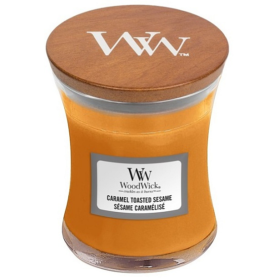 WoodWick Caramel Toasted Sesame - Sezamové sušenky s karamelem vonná svíčka s dřevěným knotem a víčkem sklo malá 85 g