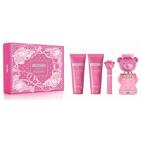 Moschino Toy 2 Bubble Gum woda toaletowa 100 ml + balsam do ciała 100 ml + żel pod prysznic 100 ml + spray podróżny 10 ml, zestaw prezentowy dla kobiet