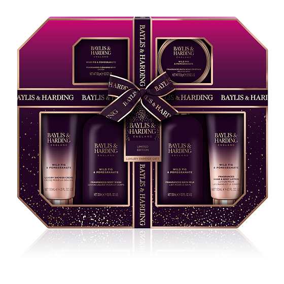 Baylis & Harding Wanilia i Jabłko Granatowe żel pod prysznic 300 ml + mleko do kąpieli 300 ml + mydło toaletowe 150 g + krem pod prysznic 130 ml + mleczko do ciała 130 ml + sól do kąpieli 100 g, zestaw kosmetyczny dla kobiet