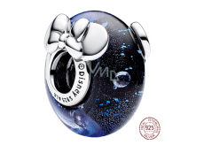 Zawieszka ze srebra próby 925 Disney Mickey Mouse i Minnie Mouse z niebieskiego szkła Murano, koralik do bransoletki film