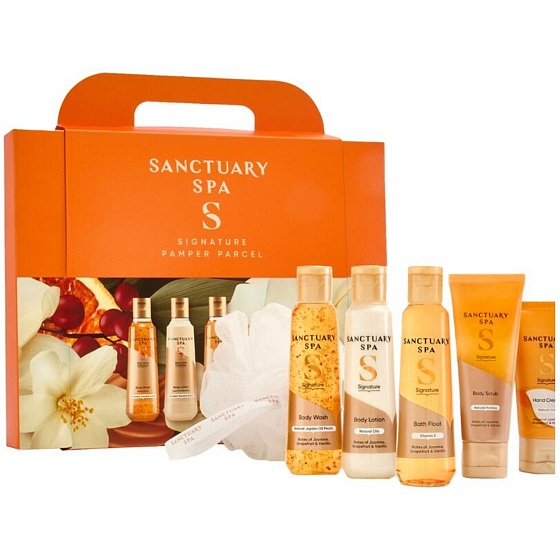Sanctuary Spa Signature Pamper Parcel żel pod prysznic 75 ml + peeling do ciała 50 ml + mleczko do ciała 75 ml + krem do rąk 30 ml + kula do kąpieli 75 ml + gąbka myjąca, zestaw kosmetyków dla kobiet