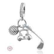 Charm Sterlingové stříbro 925 Golfová vášeň 3v1 - hůl, míček a vozík, přívěsek na náramek sport