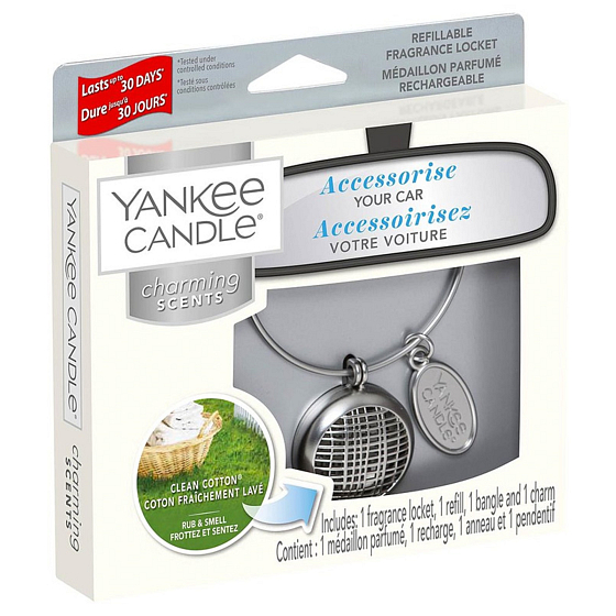 Yankee Candle Clean Cotton - Čistá bavlna základní vůně do auta kovová stříbrná visačka Charming Scents set Linear 13 x 15 cm, 90 g