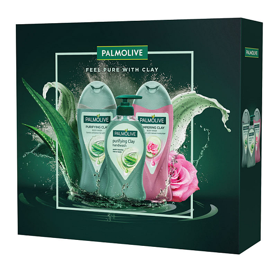 Palmolive Purifying Clay sprchový gel s jílem 250 ml + tekuté mýdlo dávkovač 250 ml + Pampering Clay sprchový gel 250 ml, kosmetická sada