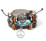 Skórzany wielowarstwowy naszyjnik, symbol skrzydła anioła + Hippies, regulowany rozmiar