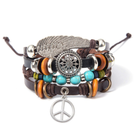 Skórzany wielowarstwowy naszyjnik, symbol skrzydła anioła + Hippies, regulowany rozmiar